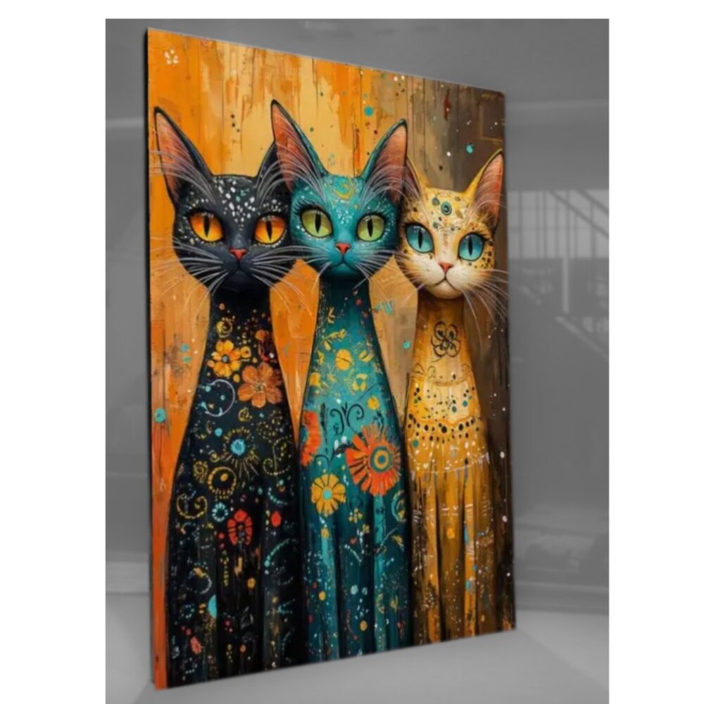 Cat Trio Long-Neck Cat Canvas Print Whimsical Unframed Floral & Folk Art Pattern - Picture 5 of 6